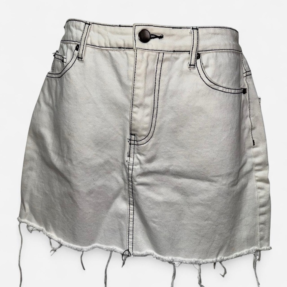 White Denim Mini Skirt with Frayed Hem